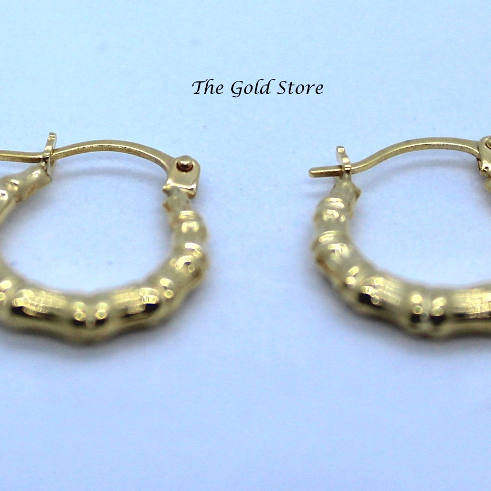 Solid Yellow Gold 10k Bamboo Hoops - Picture 2 of 7